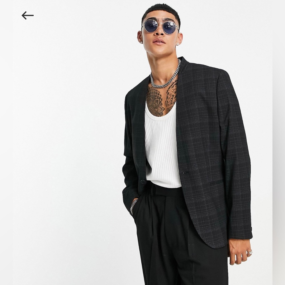 Skinny Collarless Blazer in Black Crosshatch Check